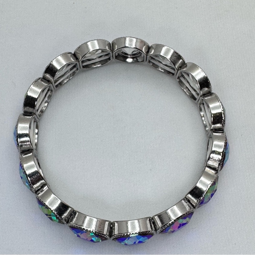 Silver Tone AB Crystal Stretch Bracelet Rainbow Faceted Statement Glam Stacking - Picture 4 of 8